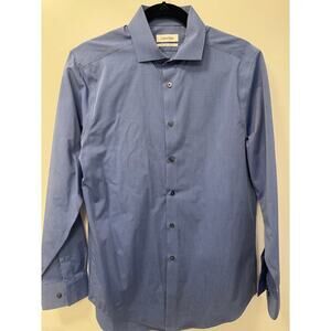 Calvin Klein Button-Up Shirt Mens 15.5 Blue Cotton Slim-Fit Preppy Career Office